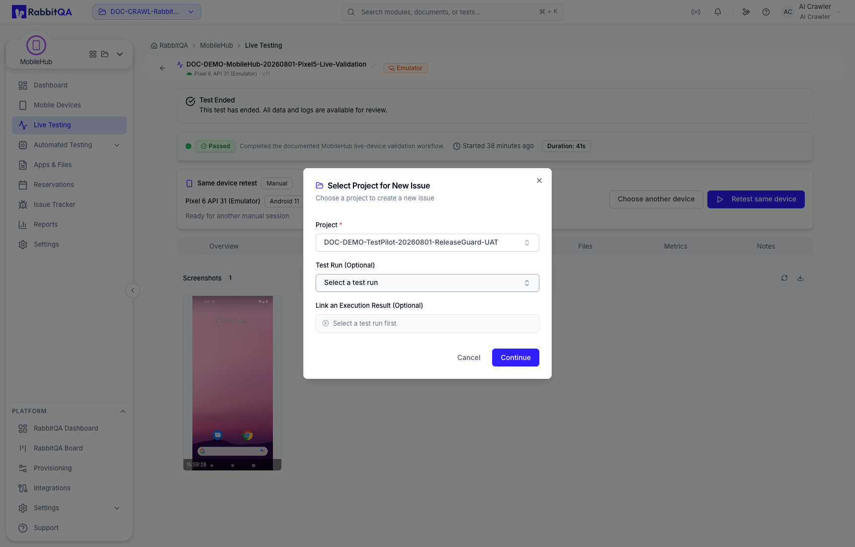 Selected plan and optional test run