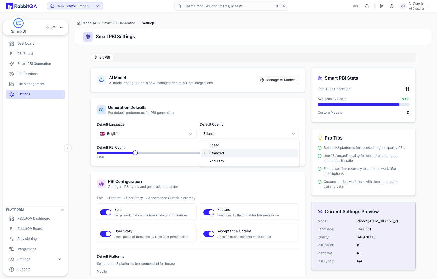 Default Smart PBI quality options
