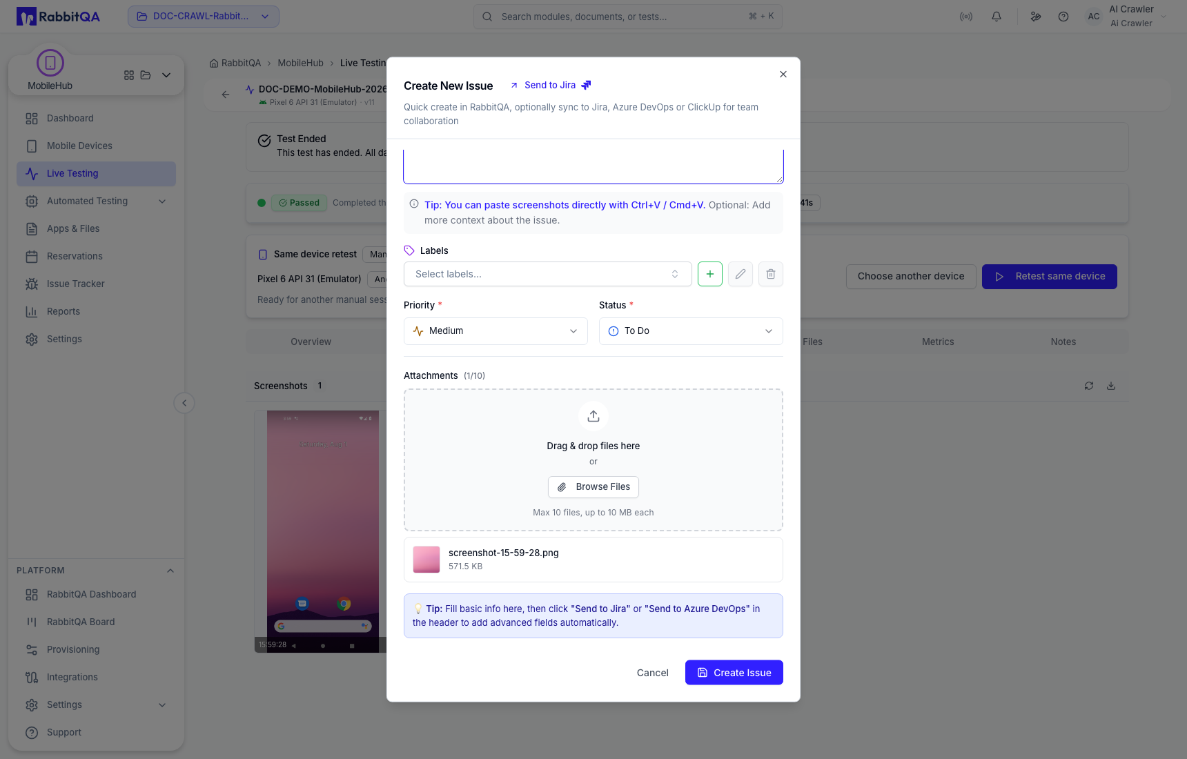 Issue creation review and submit action