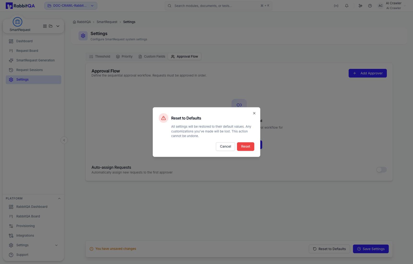 Reset to Defaults confirmation