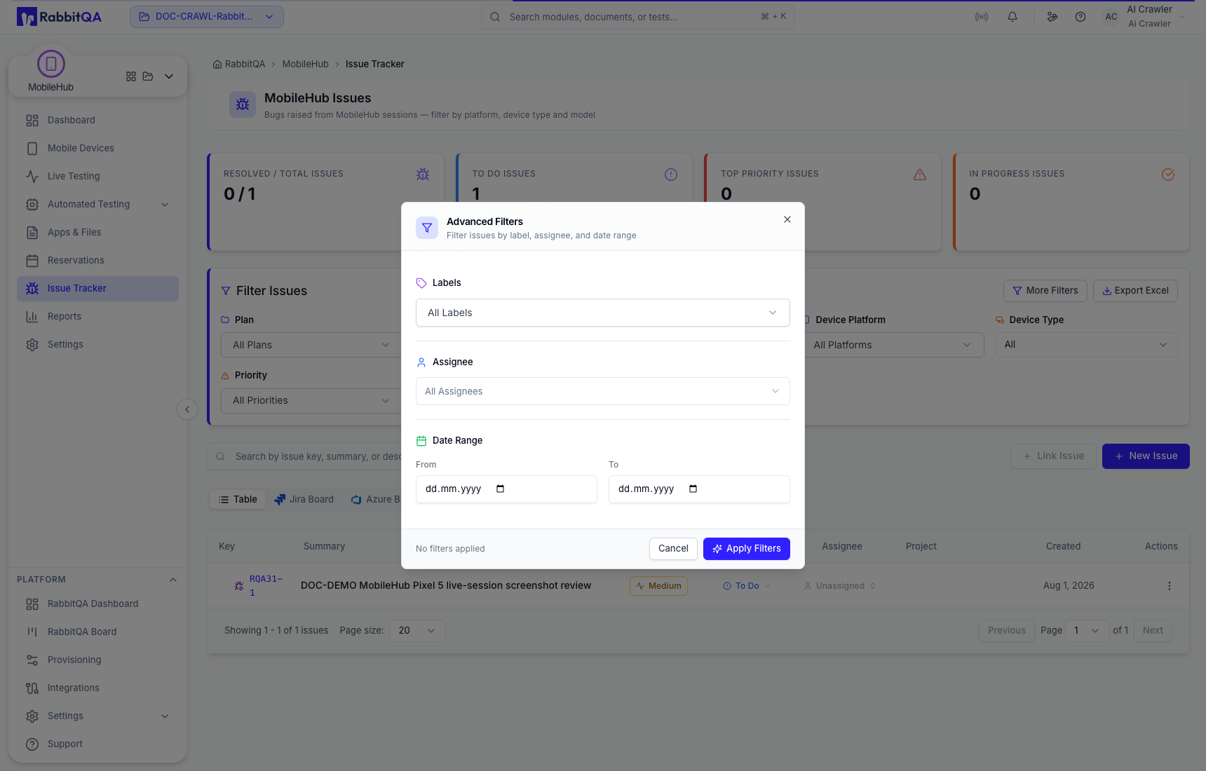 Advanced MobileHub issue filters
