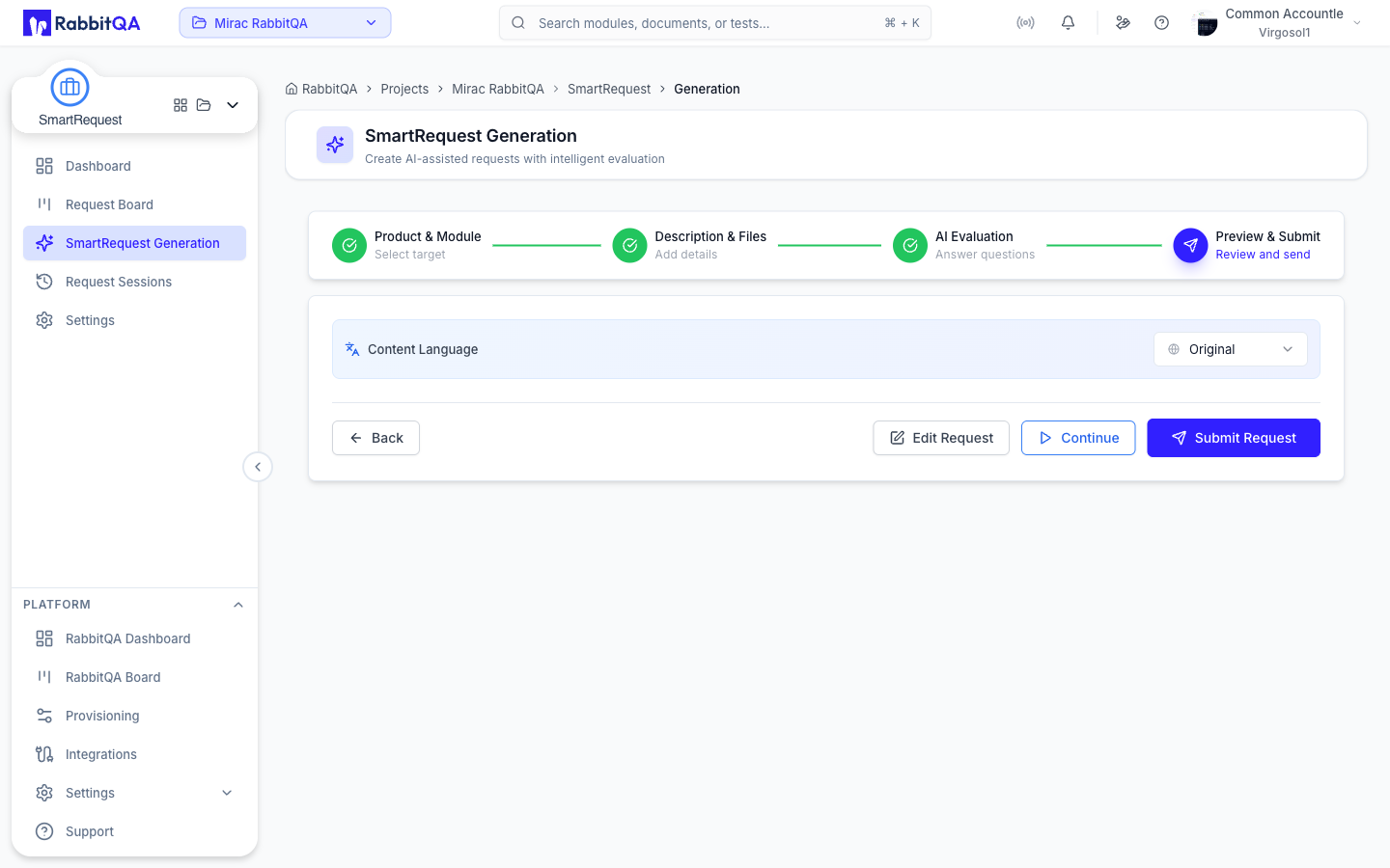 Product, module, and language selection