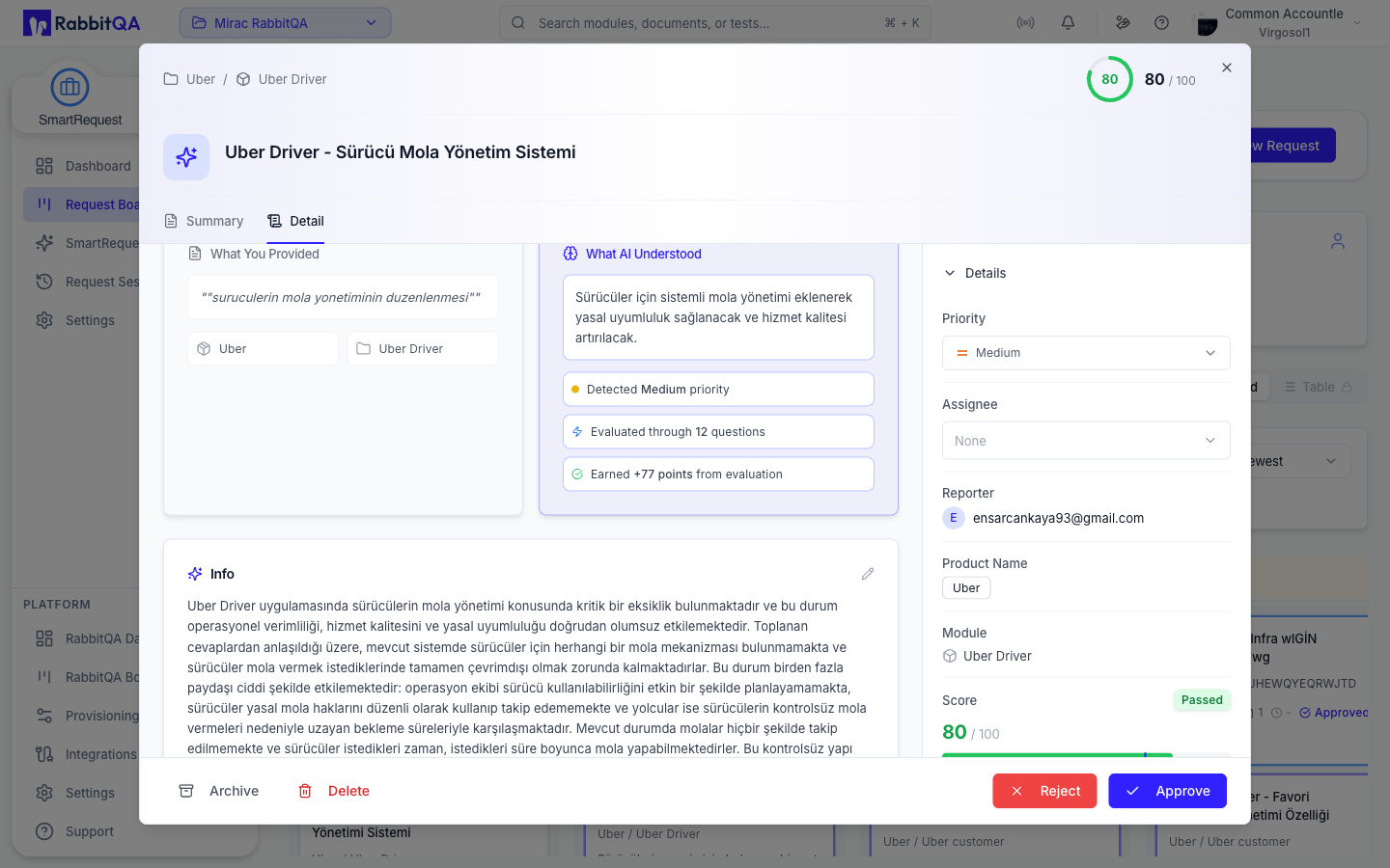 The Detail tab, showing the original request beside the AI's interpretation