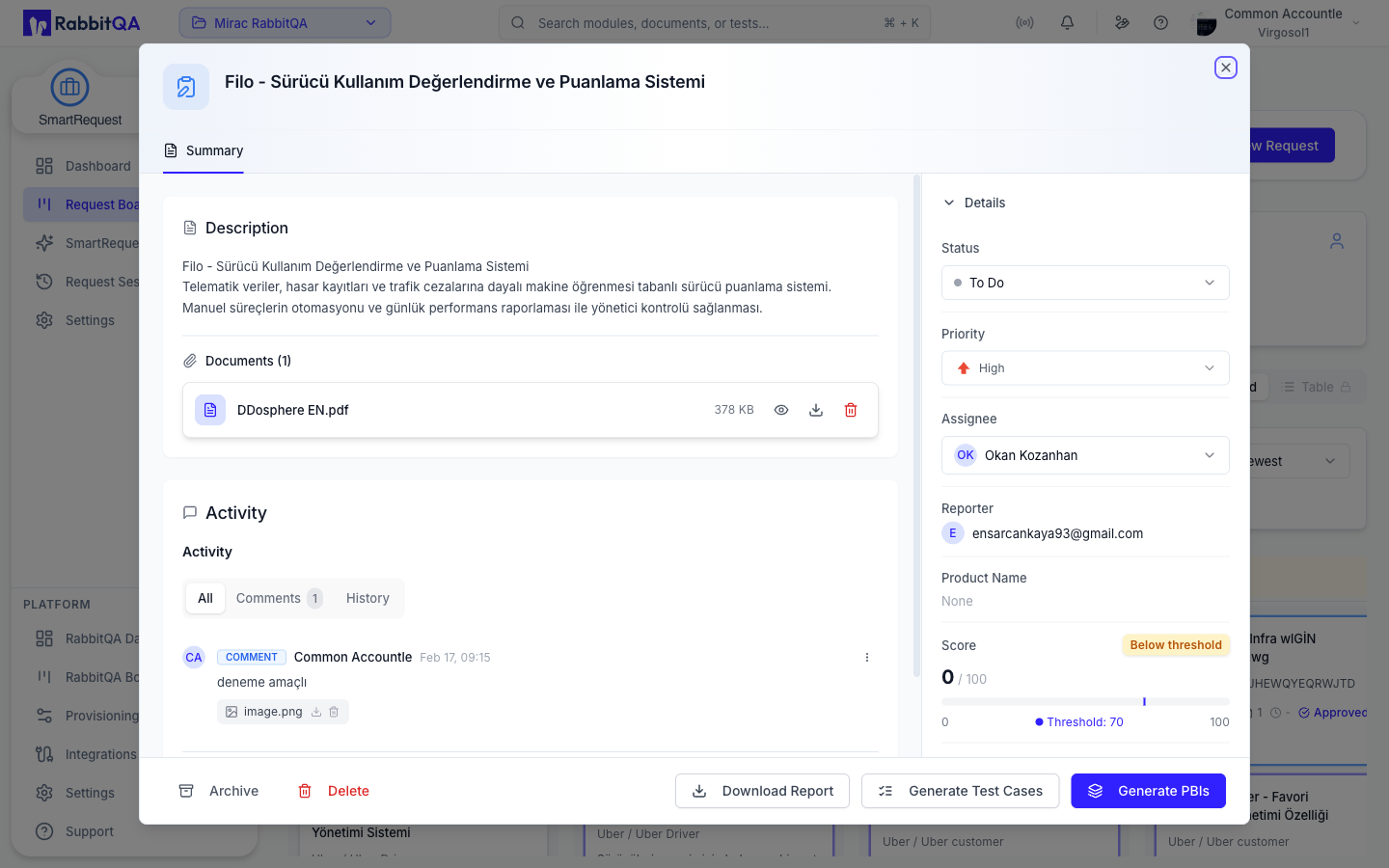 The Summary tab of a request, with its approval flow and activity feed