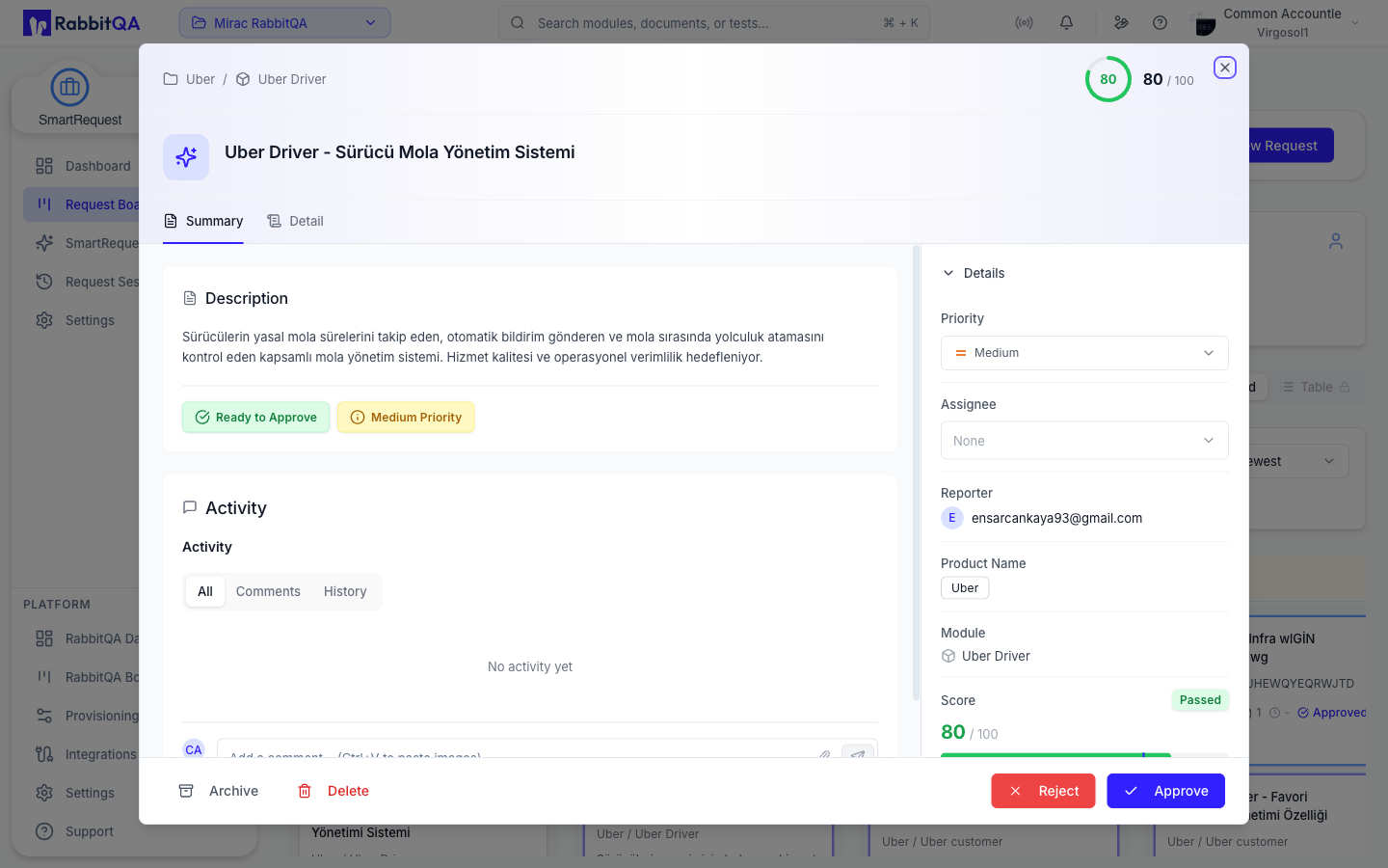 The approval flow and the Approve and Reject controls on a pending request
